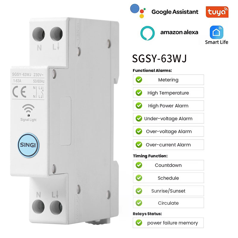 Interruptor automático inteligente WiFi TUYA con medición, 1P 63A, carril DIN