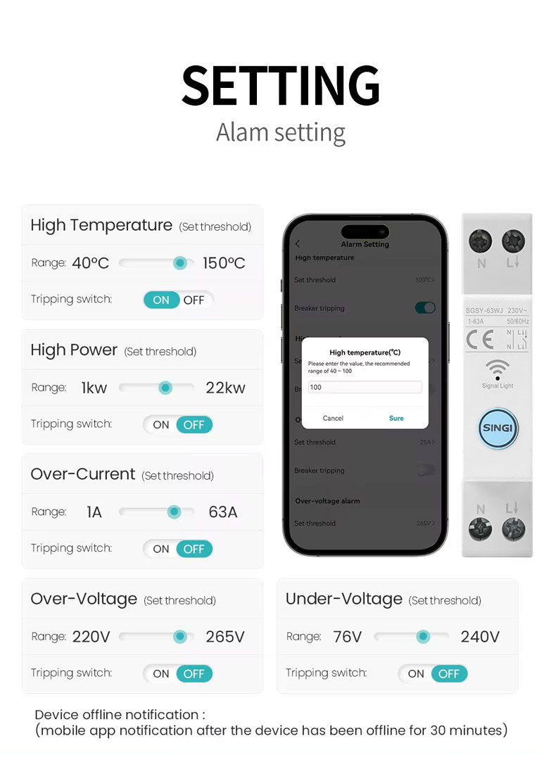 Interruptor automático inteligente WiFi TUYA con medición, 1P 63A, carril DIN